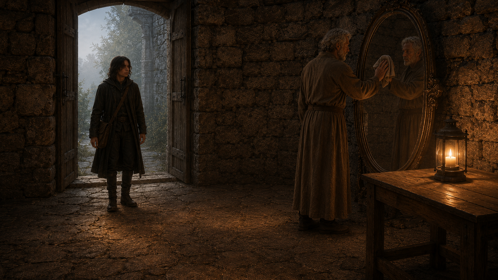 The traveller observing the Keeper polishing the Mirror