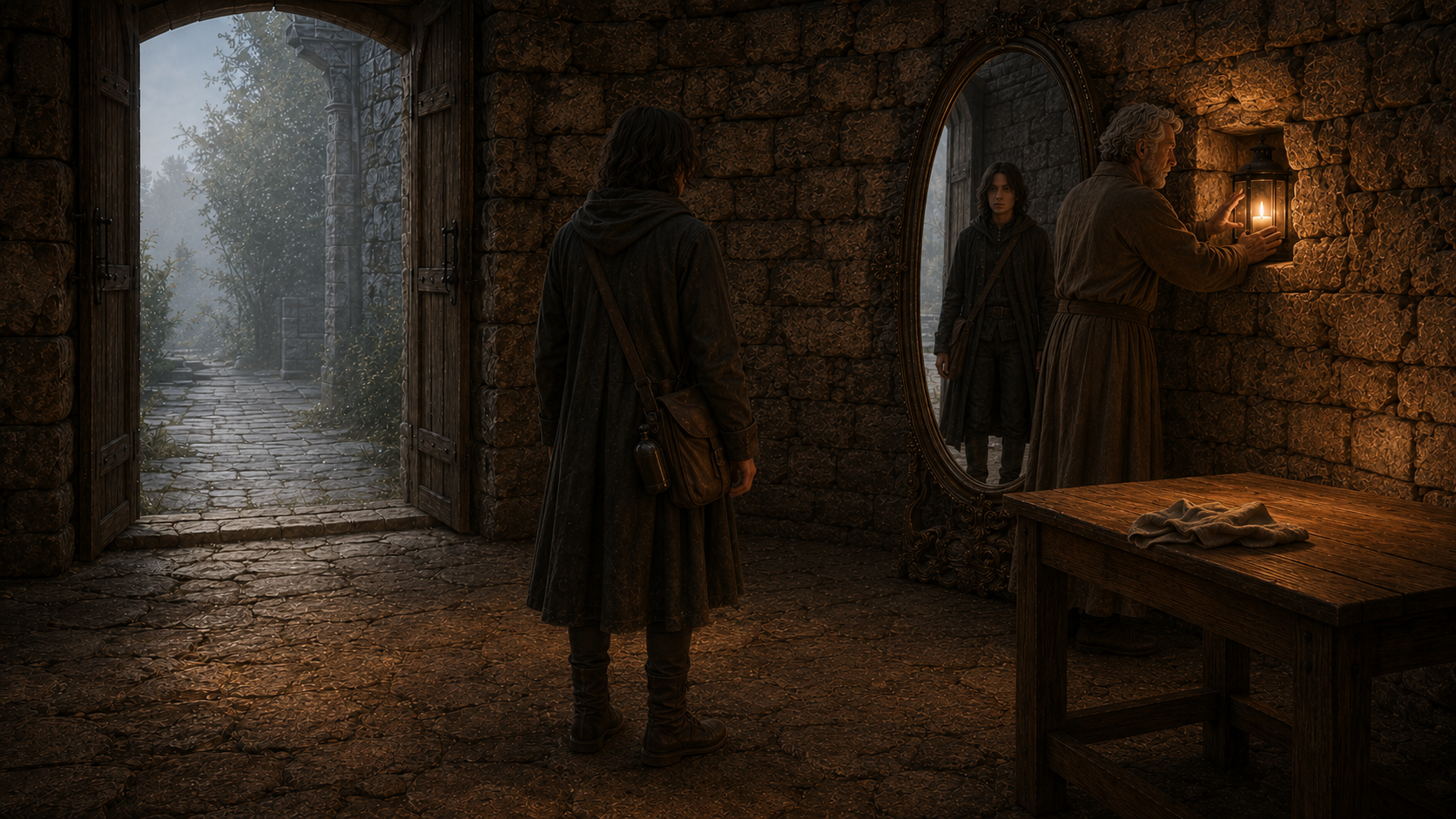 The Keeper places the lantern as the traveller observes the Mirror