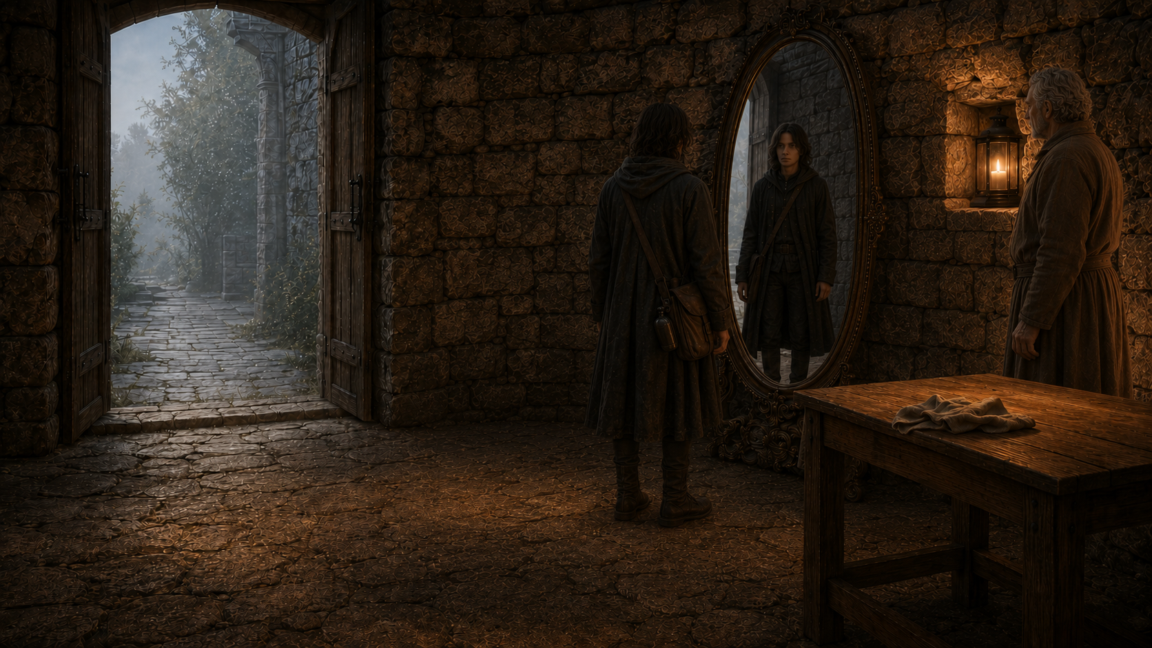 The traveller facing the Mirror in the ancient chamber