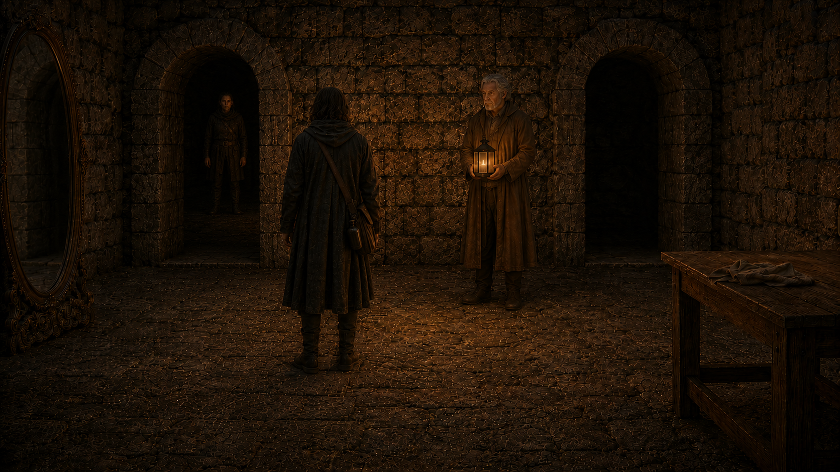 The guardian stepping back in a shadowed doorway