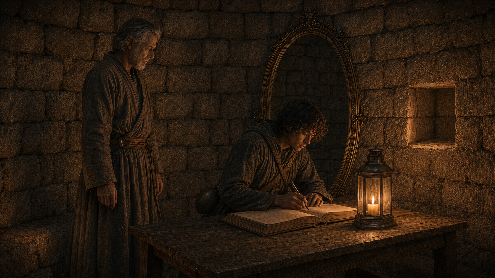 The traveller writing in the ancient chamber