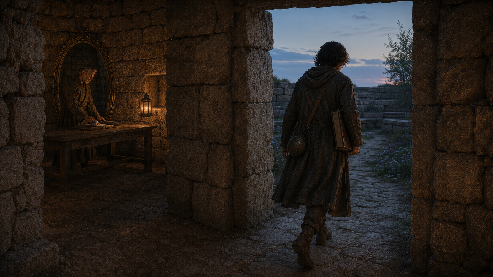 The traveller departing the ancient sanctuary threshold